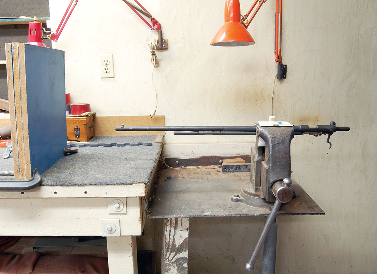 This is the setup described in the text for correcting feeding problems in 22RF tube magazines. The bullet stop on the left is mandatory because live ammunition must be used.